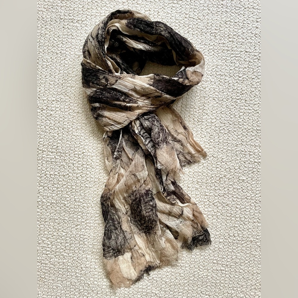 EUC | Nicole Farhi | Textured Abstract Floral Scarf | Black Beige Cream